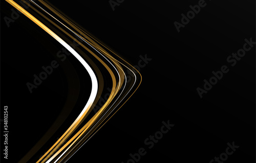 Abstract graphic element of lines forming arrow shape or bumerang, dynamic graphic composition, golden gradient on dark backdrop, cover wallpaper design