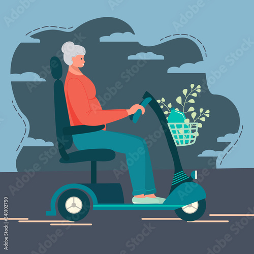 Grandmother, an elderly woman rides an electric scooter. Modern mobile life style of pensioner. Funny happy granny on electric motorcycle rides on the road. Sport, walk, shopping. Vector illustration