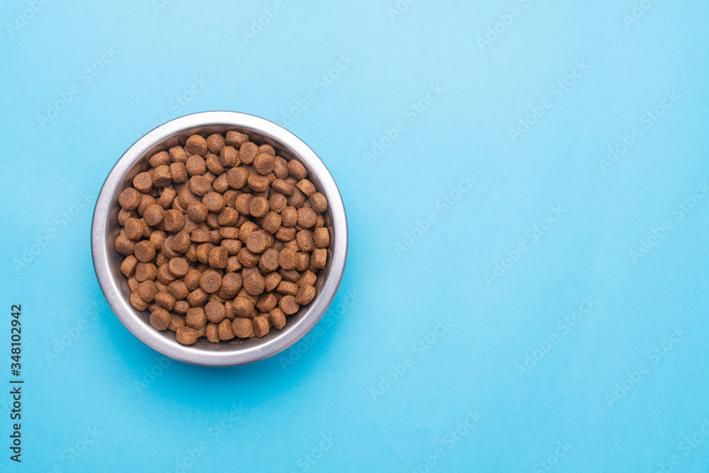Dog food in a silver bowl. On the left. Blue background. Copy, text sapce. Dog food in a silver bowl. On the left. Blue background. Copy, text sapce.