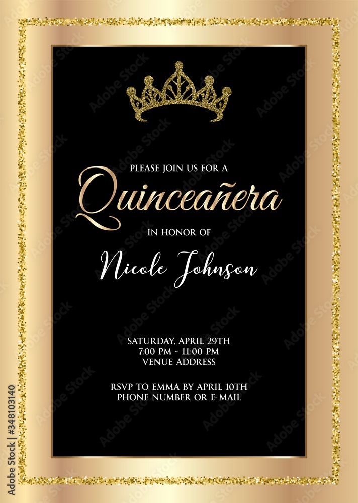 Quinceañera Birthday Party for Girl 15 years vector printable invitation card with golden glitter frame