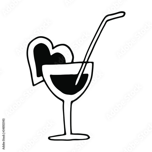 Cocktail with heart doodle element for Valentine's Day. Glass with a straw. Outline drawing isolated on white background. Suitable for postcards, prints. Stock vector illustration.
