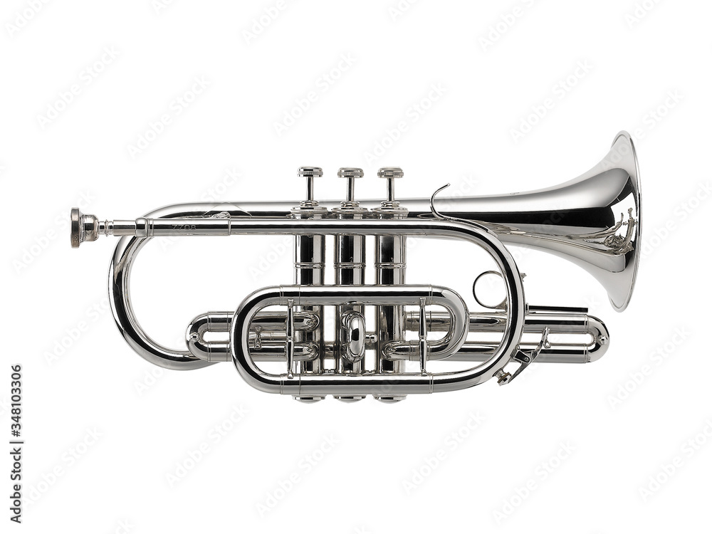 Naklejka premium Nickel Cornet, Cornets, Brass Music Instrument Isolated on White background