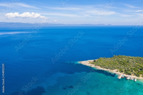 Aerial drone view of Paliouri Beach in Kassandra Sithonia penisula Chalkidiki Greece 