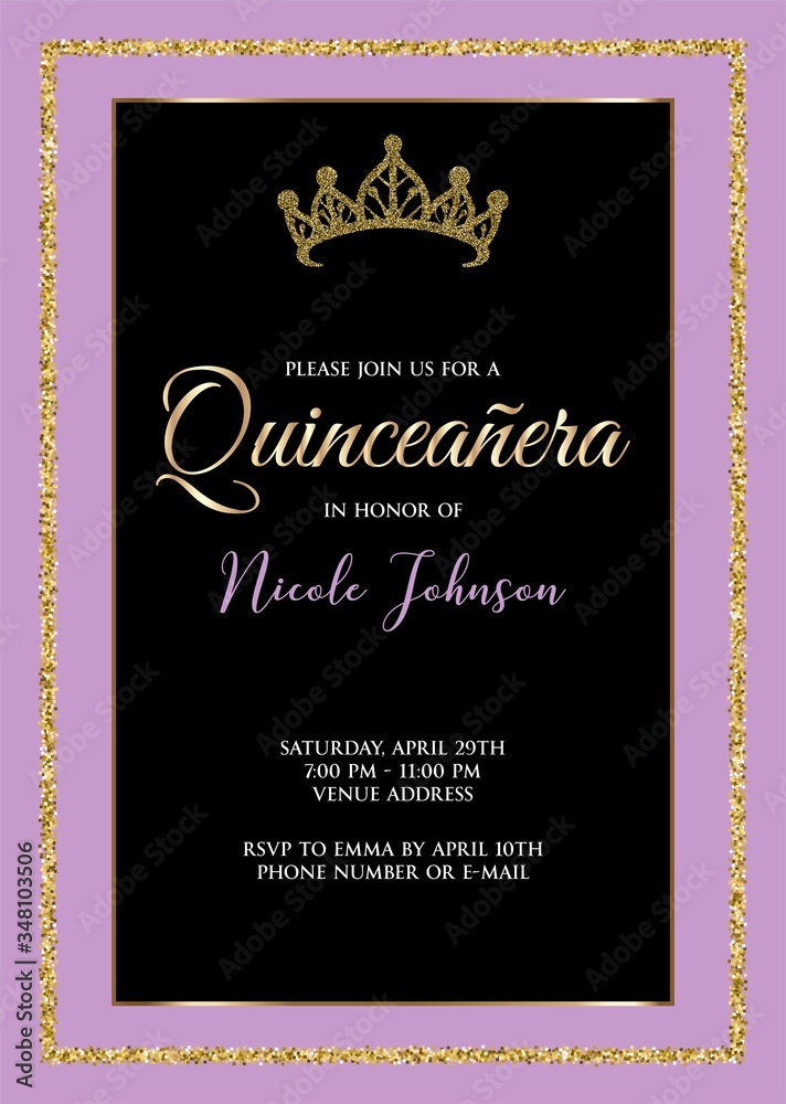 Quinceañera Birthday Party for Girl 15 years vector printable invitation card with golden glitter frame Quinceañera Birthday Party for Girl 15 years vector printable invitation card with golden glitter frame