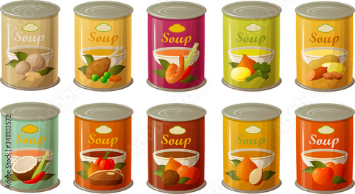 Vector illustration of various fast food pantry soup cans isolated on white background.