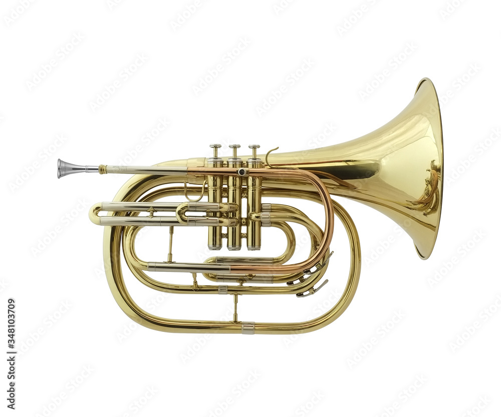 Obraz premium Golden French horn , Horn, Brass Music Instrument Isolated on White background