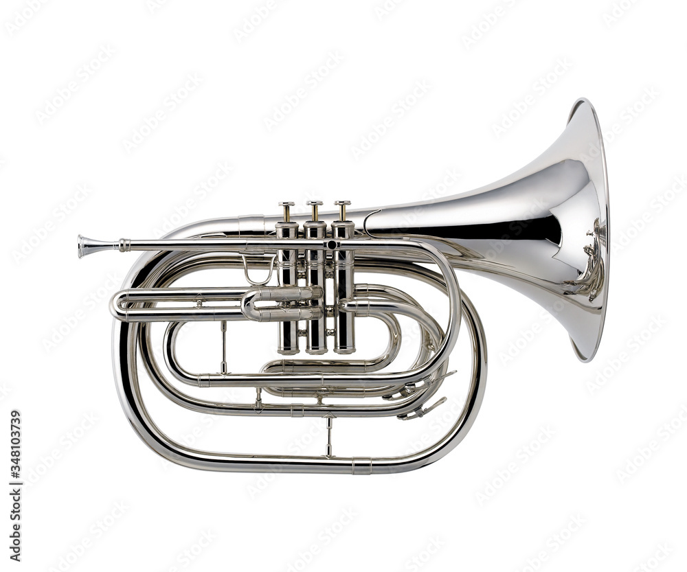 Obraz premium Nickel French horn , Horn, Brass Music Instrument Isolated on White background