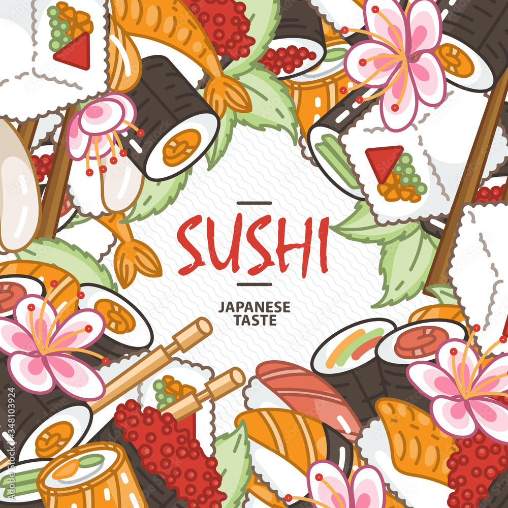 Sushi. Japanese food. Rolls with fish and caviar on eco plate, chopsticks, ginger and soy sauce. Delicious art for restaurant and bar menu, booklets or prints Sushi. Japanese food. Rolls with fish and caviar on eco plate, chopsticks, ginger and soy sauce. Delicious art for restaurant and bar menu, booklets or prints