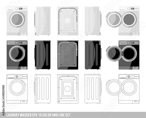 Vector set of realistic washing machines, compact washer with front-loader, with open and closed door isolated on background. Mockup for design. Laundry washer set with colored and lined illustration.