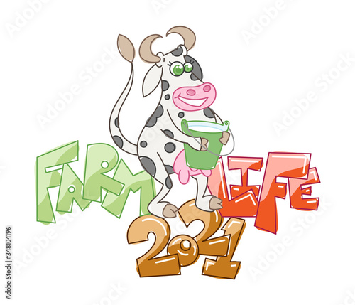 Happy cartoon smiling cow with milk busket