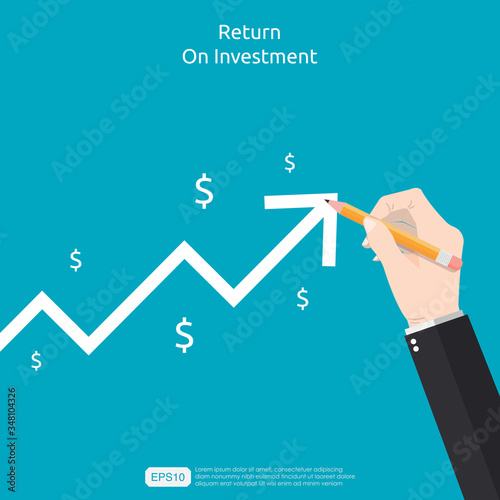 Businessman draw simple graph with descending curve. Hand draws growing arrow symbol. Business investment and development to success vector illustration