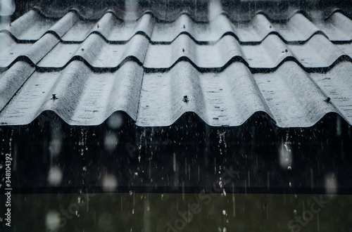 rain flows down from a roof down
