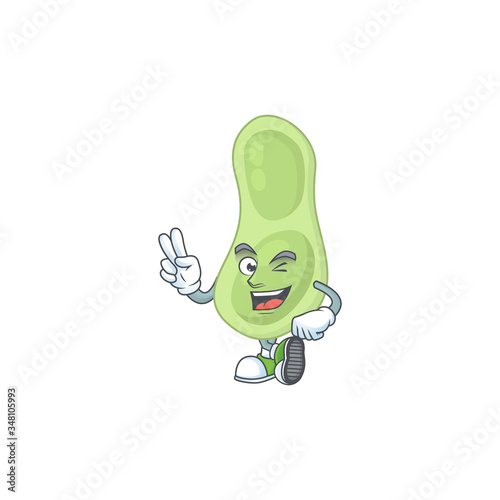 Cheerful staphylococcus pneumoniae mascot design with two fingers