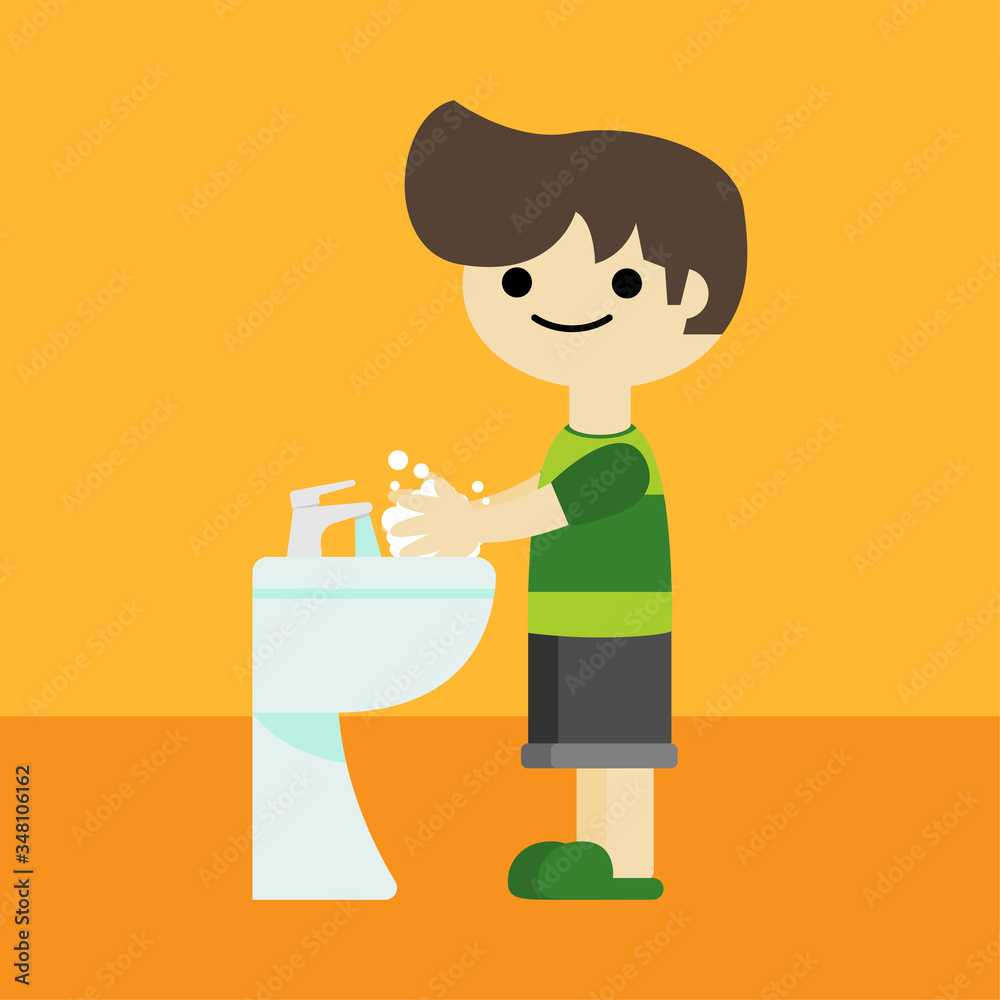 boy character washing hands cartoon illustration