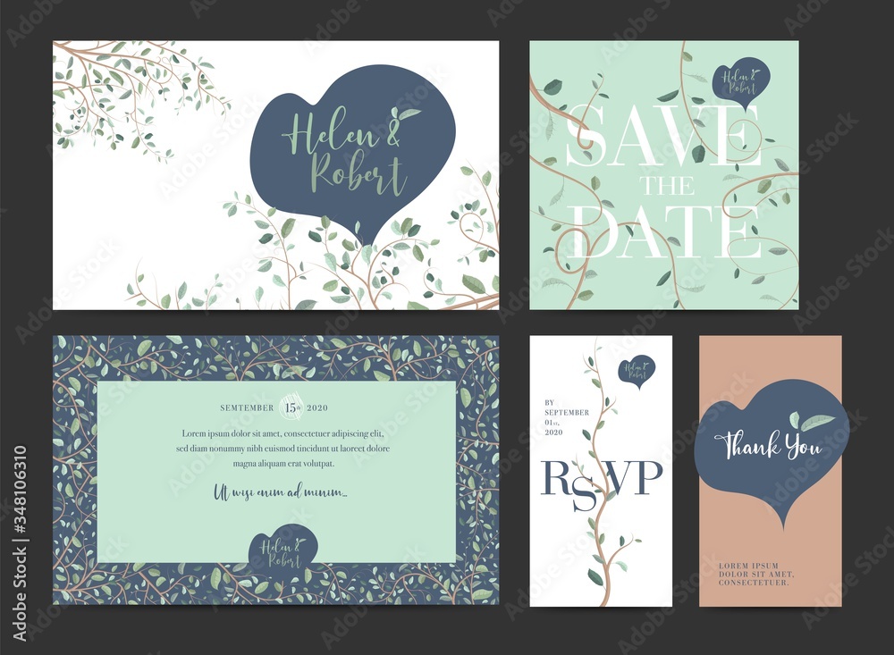 Wedding invitation design set. Ivy, leaves and names in the heart.