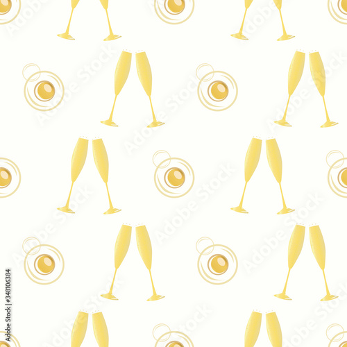 Champagne bubbles vector seamless pattern background. Hand drawn glasses, fizzy drink gold white backdrop. Elegant sparkling wine repeat illustration All over print for party celebration concept