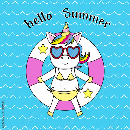 Happy summer card. Unicorn on top of a float basking in the sun