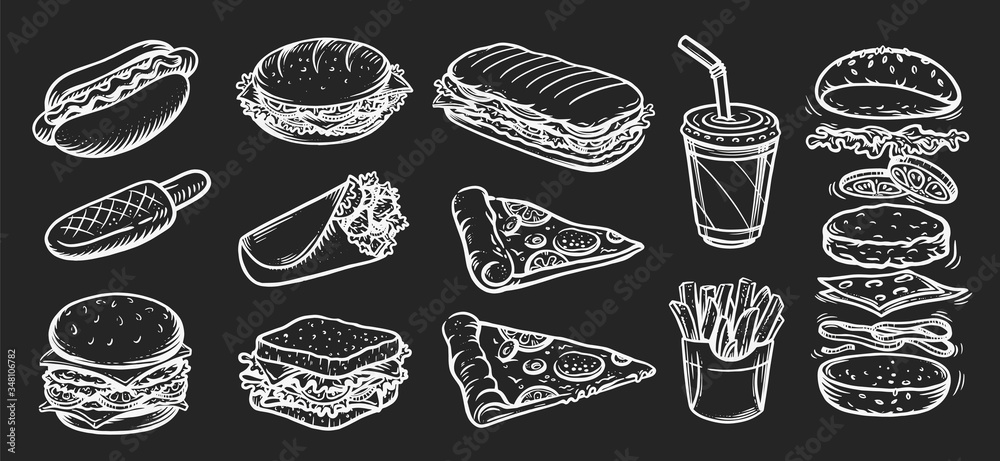 Vector set of fast food. Vector illustration in sketch style.