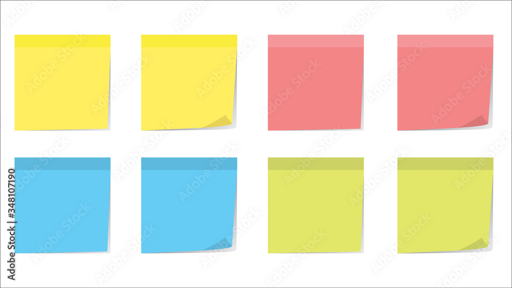 Collection of different color sticky note papers isolated on background. Multicolor post-it notes with curled corner and shadows. Realistic vector illustration. Set of sheets of note paper for text.