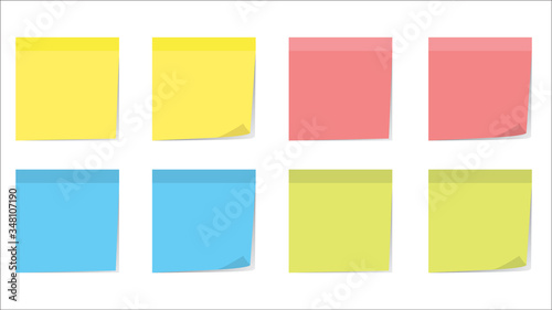Collection of different color sticky note papers isolated on background. Multicolor post-it notes with curled corner and shadows. Realistic vector illustration. Set of sheets of note paper for text.