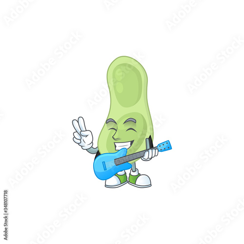 Happy face of staphylococcus pneumoniae cartoon plays music with a guitar