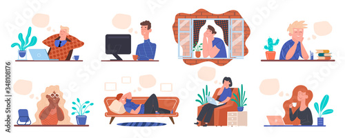 Stay at home keep calm. Concept people think dream in quarantine at home with speech bubbles template man works at computer, looks out window, rests sofa woman at laptop with coffee. Vector clipart.
