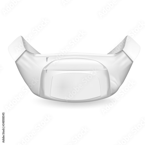 Waist bag. Modern mockup white waist bag with elegant protruding zip pocket built in center fashionable sports design sports travel close ups realistic graphics. Vector mockup style.