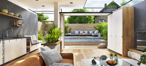 Obraz na plátně Modern kitchen and living room overlooking patio in a new luxury house