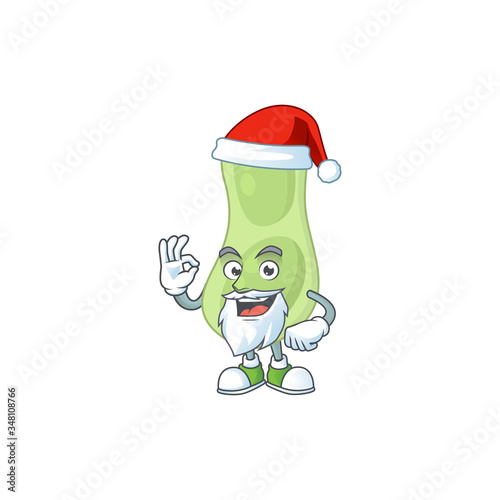 Friendly staphylococcus pneumoniae Santa cartoon character design with ok finger