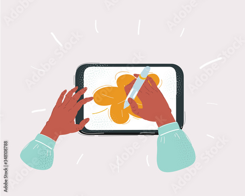 Hands holding digital pen, stylus drawing on tablet