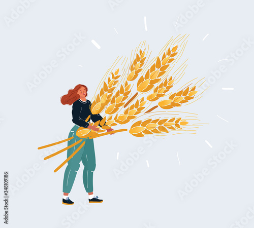 Vector illustration of tiny woman holding big giant ripe sheaf of wheat ears in her hands