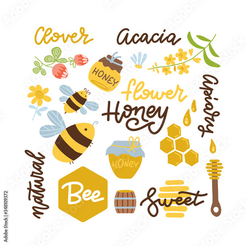 Set of bee, honey honey elements, camomile, clover flowers, wooden spoon, honeycomb, jar, logo template and other beekeeping lettering. Vector flat hand drawn illustration.