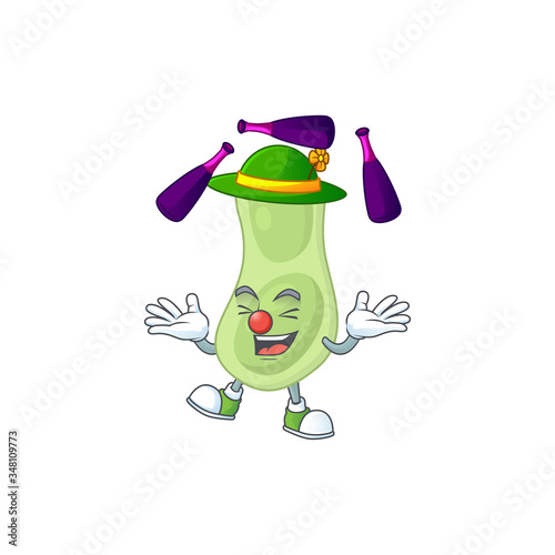mascot cartoon style of staphylococcus pneumoniae playing Juggling on stage
