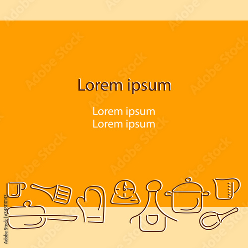 Cooking template. Contour Cutlery, kitchen utensils. Abstract spots. Culinary design of the menu, recipe, poster. Vector illustration