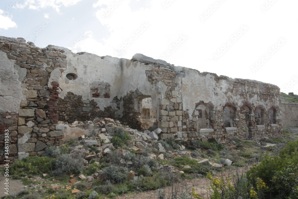Old ruins of ancient military fort of the Second Word War, Punta Rossa, Caprera, Sardinia, Italy