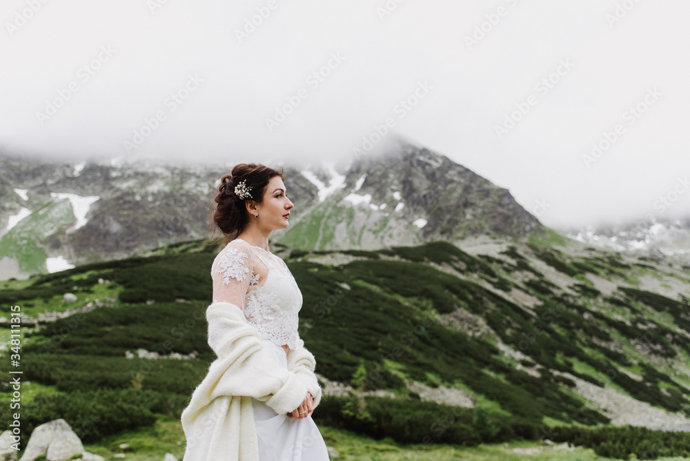 Beautiful bride in the mountains. Wedding photo shoot in the mountains.
