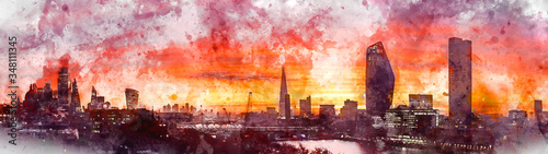 Epic dawn sunrise landscape cityscape over London city sykline looking East along River Thames photo