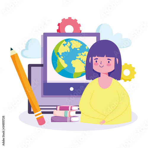 online education, girl student computer books pencil lesson