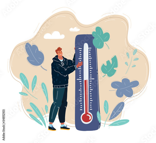 Vector illustration of Earth of Global Warming. Tiny man characters thermometer
