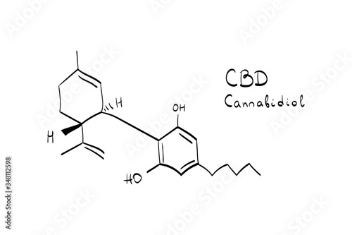 Vector sketch chemical formula of Cannabidiol (CBD) molecule with hand written lettering. Doodle Marijuana illustration isolated on white background. Hand drawn style looking like ink, chalk, pen.