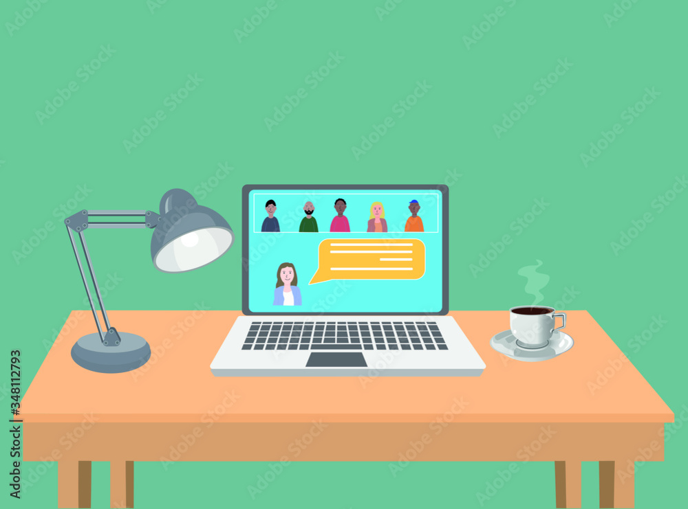 Laptop with a group of people in video conference . Meeting for work job or social meeting. Laptop over a wood table with a lamp and a cup of coffee. Laptop with a group of people in video conference . Meeting for work job or social meeting. Laptop over a wood table with a lamp and a cup of coffee.