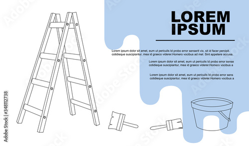 Advertising flyer or banner with outline painter tools and ladder flat vector illustration on white background