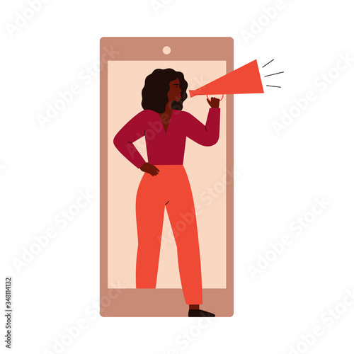 Female activist protests from the cell phone screen. Young Black woman holds megaphone and tells her speech. vector illustration