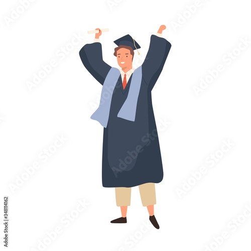 Happy student guy celebrating graduation holding diploma vector flat illustration. Smiling academic man in bachelor apparel raising hands isolated on white. Joyous cartoon character having fun