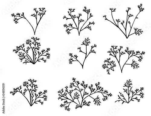 Set of black coral seaweeds silhouettes flat vector illustration isolated on white background