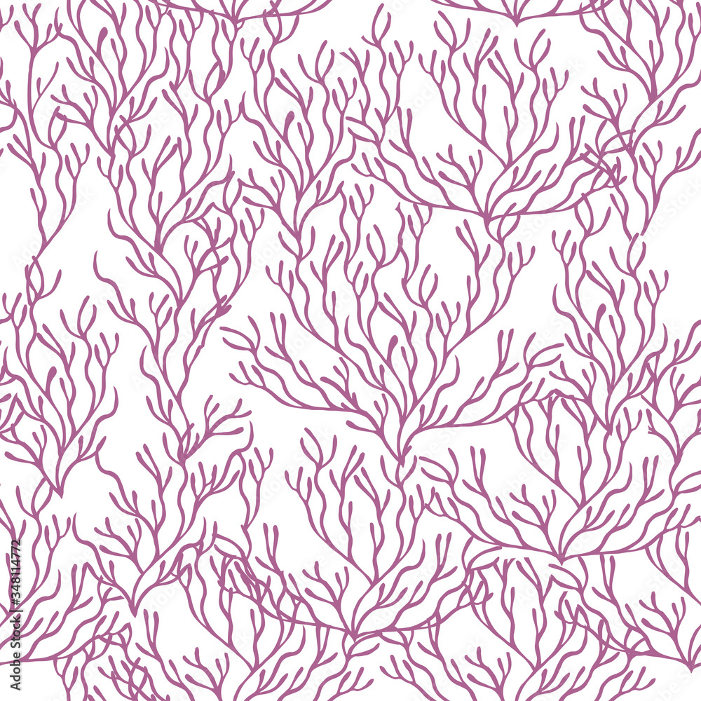 Seamless pattern of purple coral seaweeds silhouettes flat vector illustration on white background Seamless pattern of purple coral seaweeds silhouettes flat vector illustration on white background