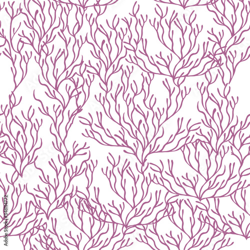 Seamless pattern of purple coral seaweeds silhouettes flat vector illustration on white background