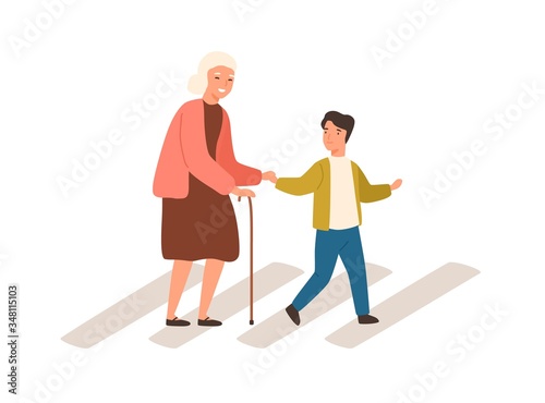 Joyful polite boy help grandmother cross street vector flat illustration