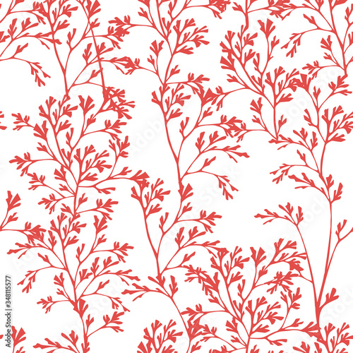 Seamless pattern of red coral seaweeds silhouettes flat vector illustration on white background