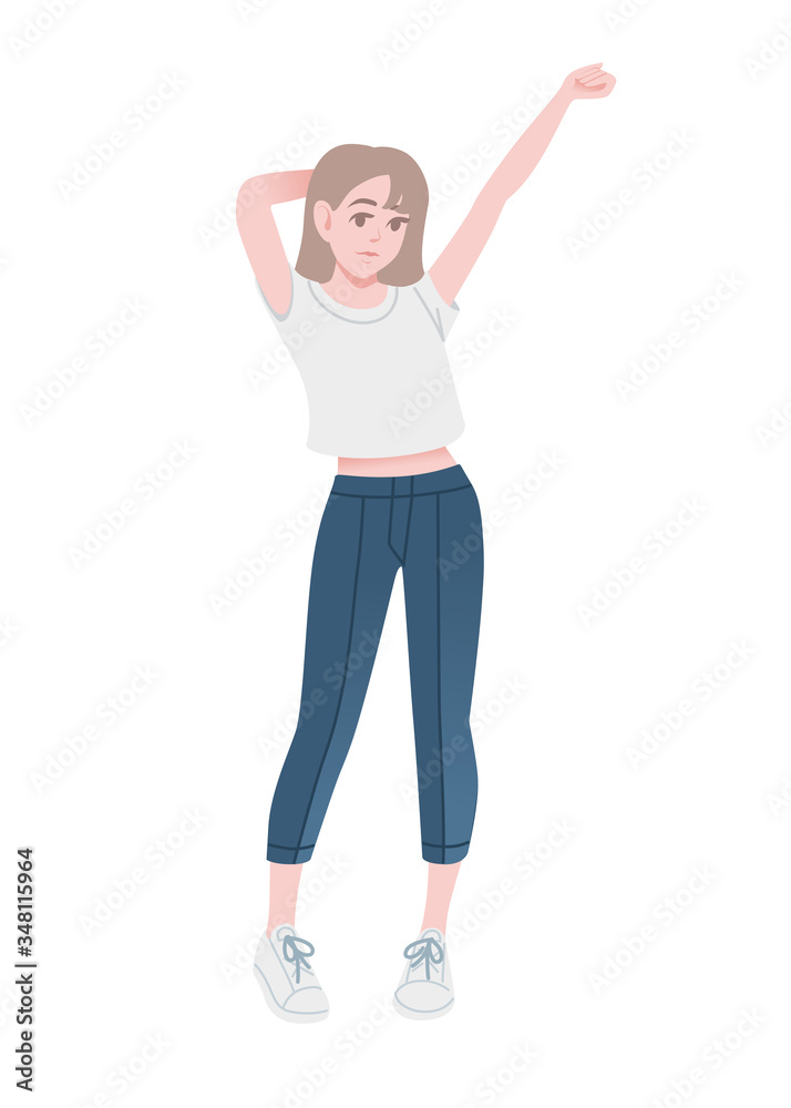 Cute young girl in fashion casual clothes blue jeans and white shirt cartoon character design flat vector illustration isolated on white background Cute young girl in fashion casual clothes blue jeans and white shirt cartoon character design flat vector illustration isolated on white background